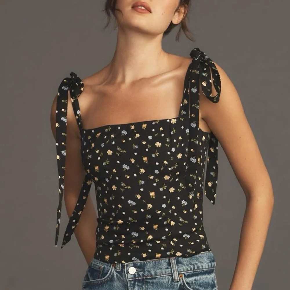 Reformation Ellora Black Floral Tie-Strap Top